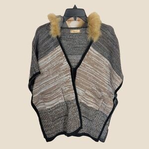Janice Poncho Cape Faux Fur Hooded Knit Boho Cabincore Wrap Sweater Black